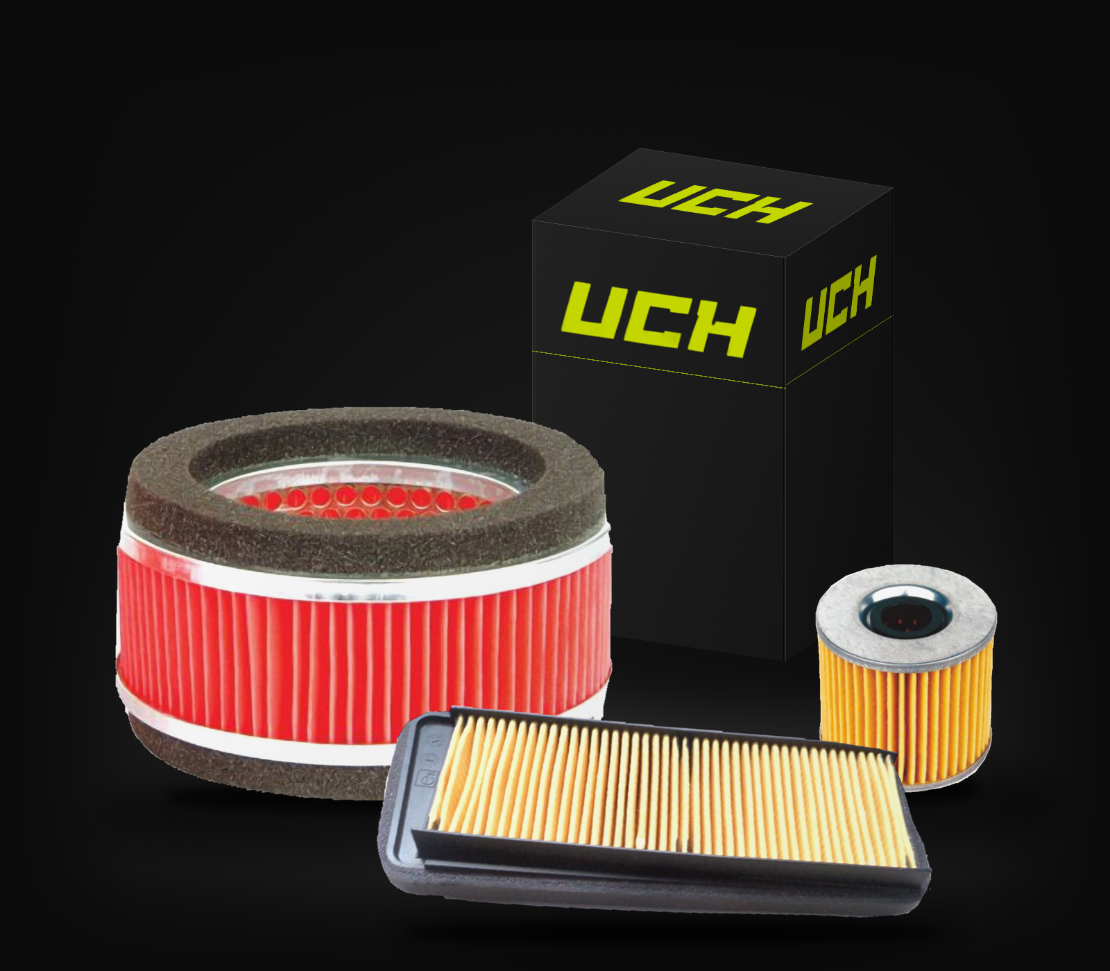 UCH cylindrical and panel motorcycle filters arranged beside a UCH packaging design